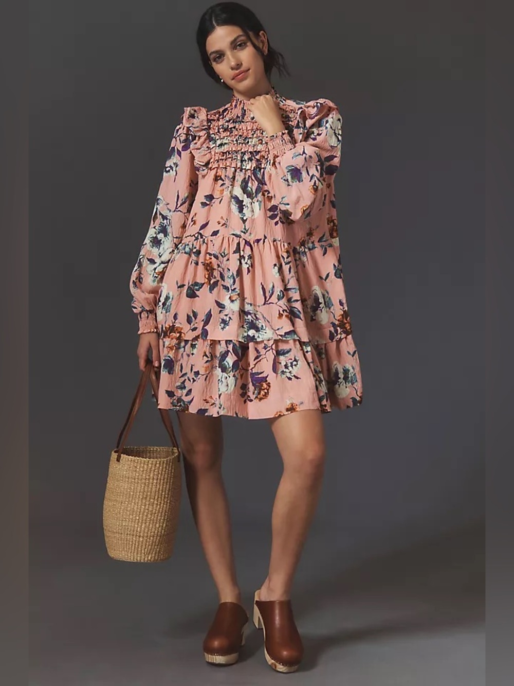 Anthropologie Long Sleeve Dusty Pink Floral Smocked Tiered Mini Dress